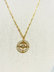 Compass Pendant CZ Necklace 18k