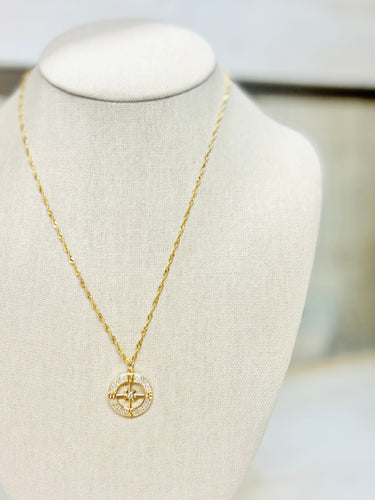 Compass Pendant CZ Necklace 18k