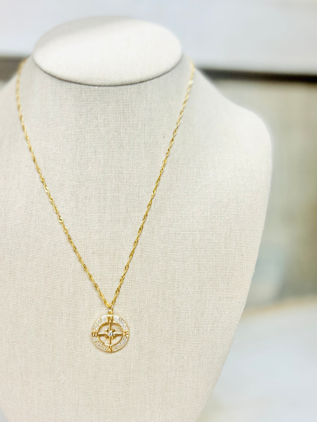 Compass Pendant CZ Necklace 18k