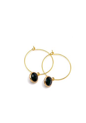 Round Black Charm Hoop Earrings 18k